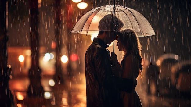 Foto amor na chuva silhueta de um casal sob um guarda-chuva ia generativa