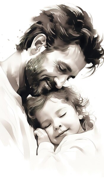 El amor entre el padre y Daugher pintura de la unión en estilo acuarela en blanco y negro