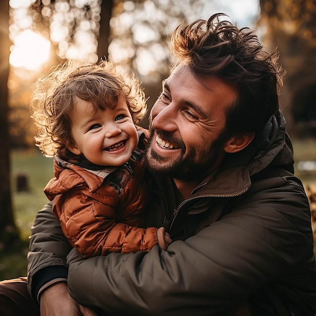 El amor entre padre e hijo padre abrazando a un niño pequeño hijo y su padre en un paseo en el otoño