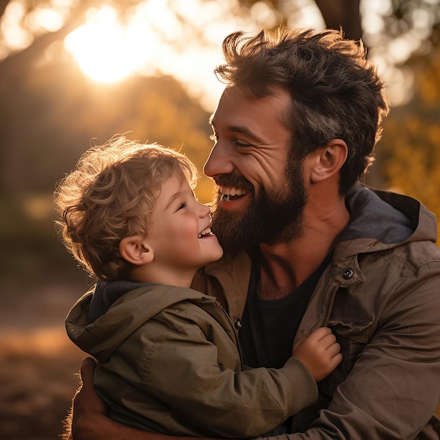 El amor entre padre e hijo padre abrazando a un niño pequeño hijo y su padre en un paseo en el otoño