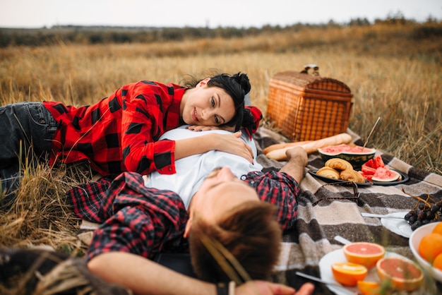 Amor pareja se encuentra en cuadros escoceses, picnic en el campo de verano
