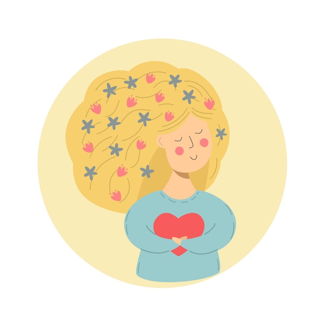 Amor propio y cuidado concepto mujer sonriendo y sosteniendo el corazón Ilustración vectorial