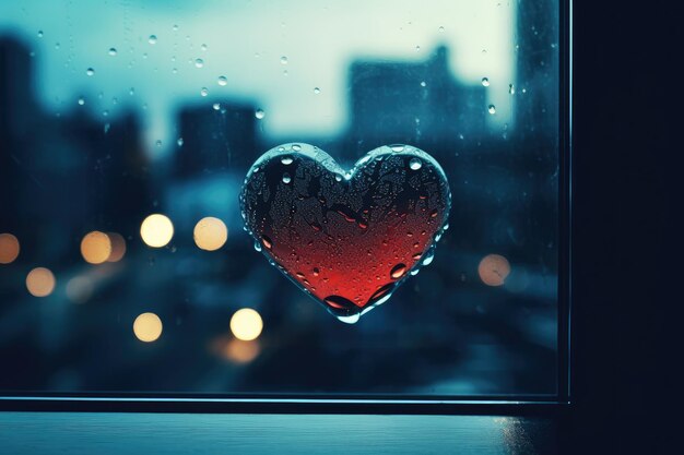 El amor reflejado en un corazón entre gotas de lluvia y las luces de la ciudad brillan IA generativa