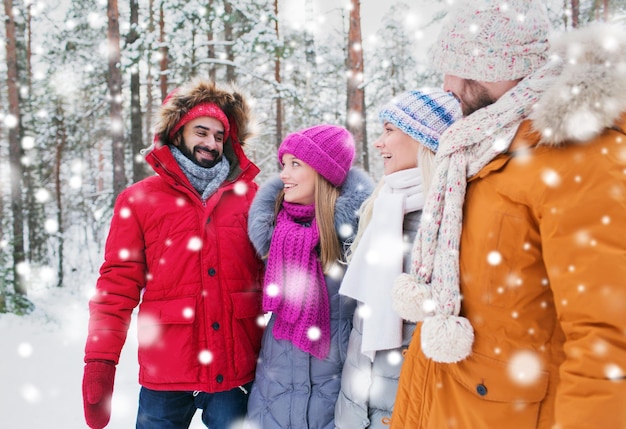 amor, relacionamento, temporada, amizade e conceito de pessoas - grupo de homens e mulheres sorridentes conversando na floresta de inverno