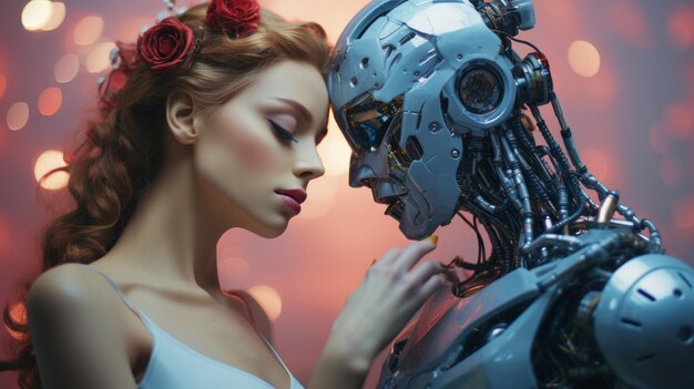 Foto el amor entre un robot y una mujer