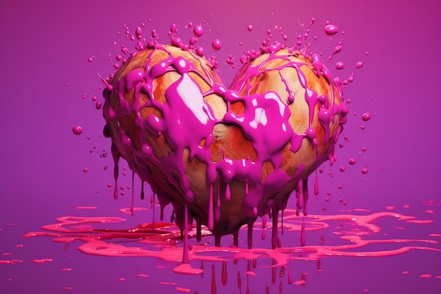 Amor salpicado gran corazón rosado cubierto de gotas de pintura IA generativa