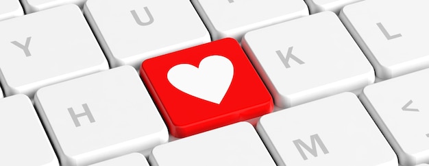 Amor salud Botón de llave roja con signo de corazón en un teclado de computadora banner ilustración 3d