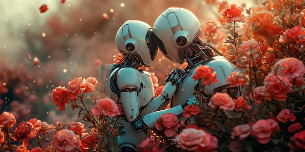 Amor sem fronteiras dois robôs apaixonados se abraçam entre flores ia gerativa
