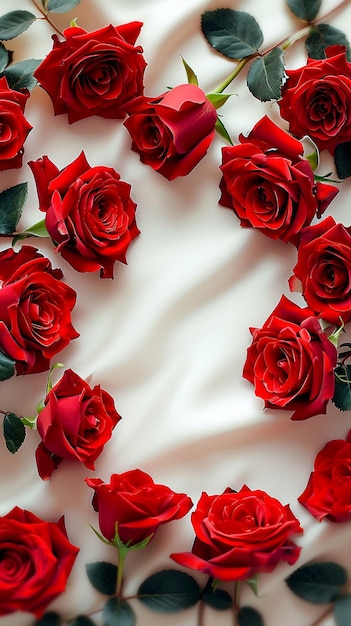 Amor simbólico rosas rojas sobre satén blanco con espacio vacío Fondo de pantalla móvil vertical