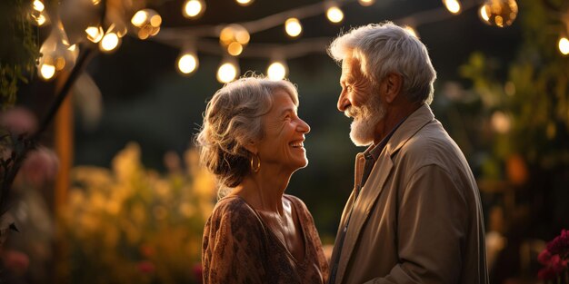 El amor y la solidaridad Una pareja de ancianos aprecia los momentos en el jardín