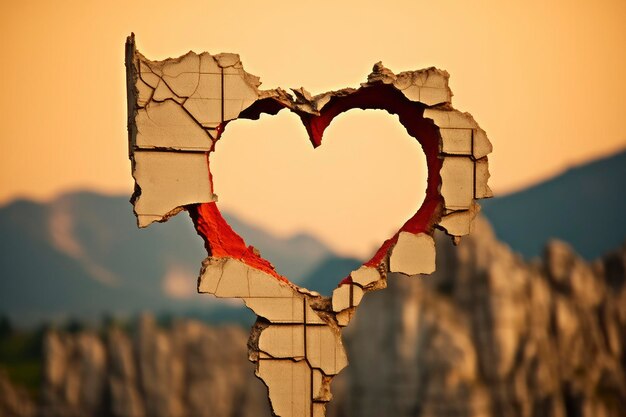 Foto el amor trasciende un corazón rojo en un agujero roto que simboliza el amor, la esperanza y la felicidad en el día de san valentín