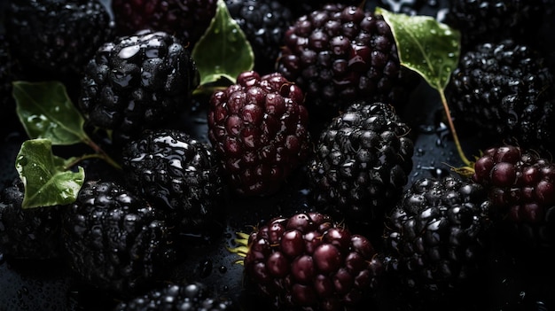 Amoras maduras frescas com fundo de gotas de água Cenário de bagas IA generativa