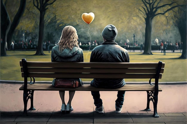 Amores sentados en un banco del parque con globo en forma de corazón, parque en el fondo. IA generativa