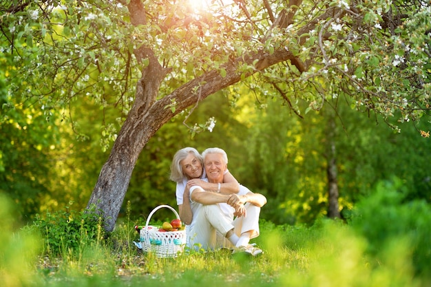 Amorosa pareja de ancianos haciendo un picnic