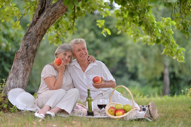 Amorosa pareja de ancianos pasa tiempo juntos en el verano al aire libre