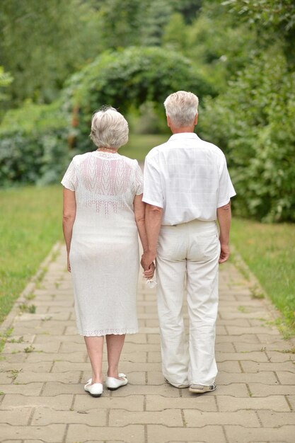 Amorosa pareja de ancianos en un paseo por el parque juntos