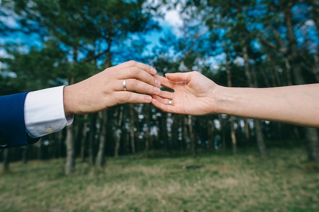 Amorosa pareja cogidos de la mano con anillos contra el vestido de novia