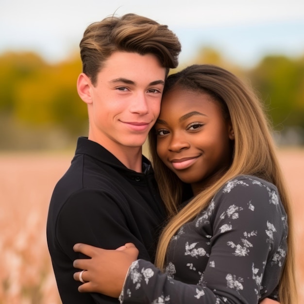 La amorosa pareja interracial de adolescentes disfruta de un romántico día de otoño