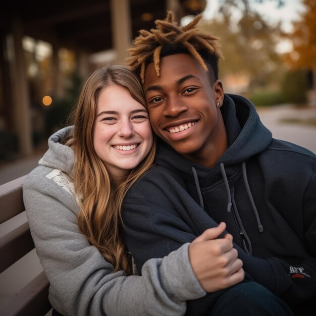 La amorosa pareja interracial de adolescentes disfruta de un romántico día de otoño