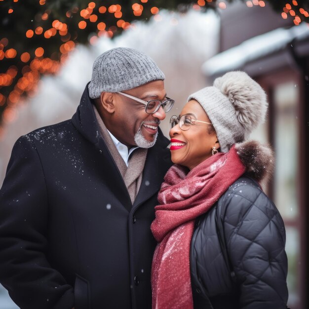 La amorosa pareja interracial está disfrutando de un romántico día de invierno