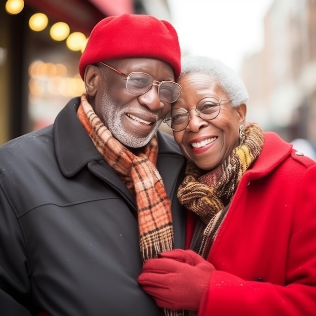 La amorosa pareja interracial está disfrutando de un romántico día de invierno