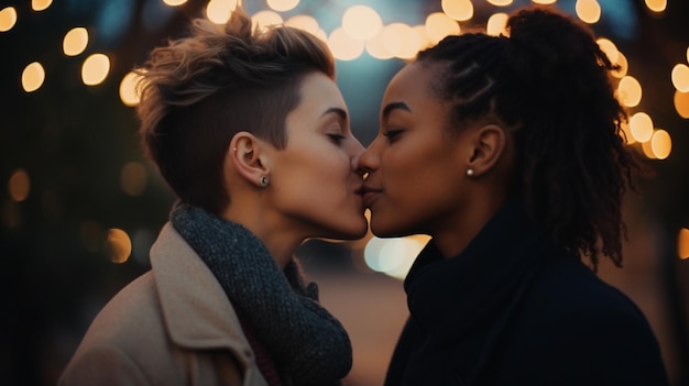 Una amorosa pareja de lesbianas comparte un beso bajo el muérdago Imagen generativa de IA