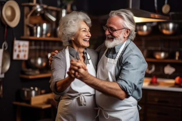 Amorosa pareja senior crea magia culinaria en la cocina mientras baila y ríe