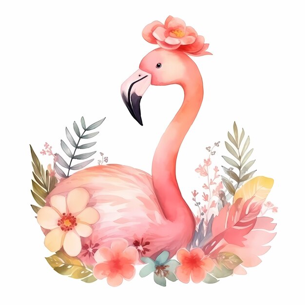 Foto amoroso bebê flamingo aquarela animal vestindo coroa de flores