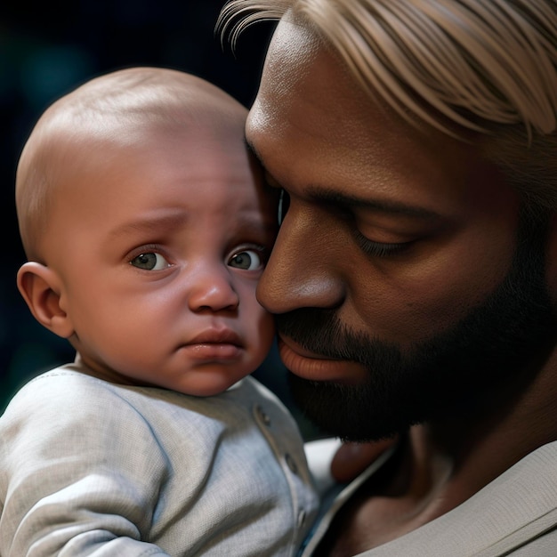 Amoroso padre afroamericano cuidando a su bebé interracial AI generado