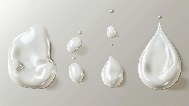 Amostra de creme ou loção branca e gota em fundo cinza Conjunto de ilustrações modernas 3D realistas mostrando manchas de maquiagem ou limpeza