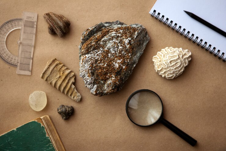 Foto amostra de pedra com laço e caderno no laboratório geológico. análise de rochas de materiais e solos