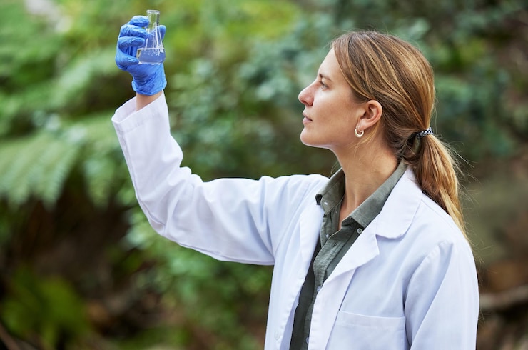 Foto amostra de teste de cientista de água e mulher de woods para pesquisa ou inspeção do estudo de ecossistema e meio ambiente ciência sustentável e ambientalista profissional fazendo exame de pegada de carbono