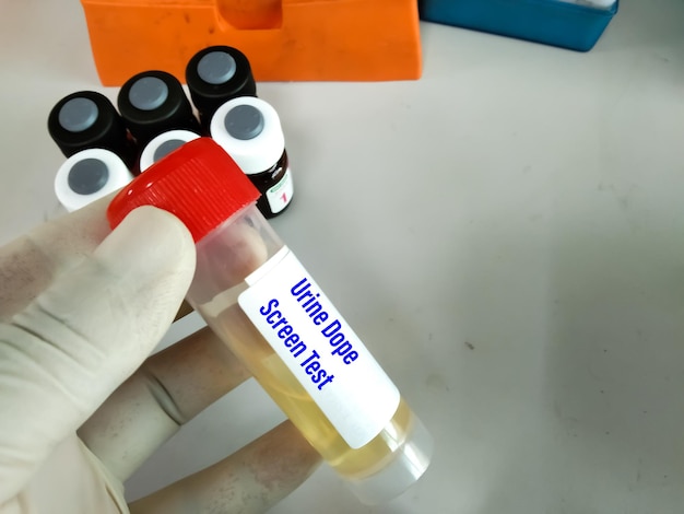 Amostra de teste de triagem de drogas de urina, teste de triagem de drogas de urina. teste indolor no laboratório médico.