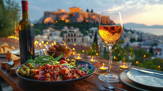 Foto amostragem de autênticos mezes gregos em atenas refeições no telhado sabores mediterrâneos vinhos locais hd fotorrealista