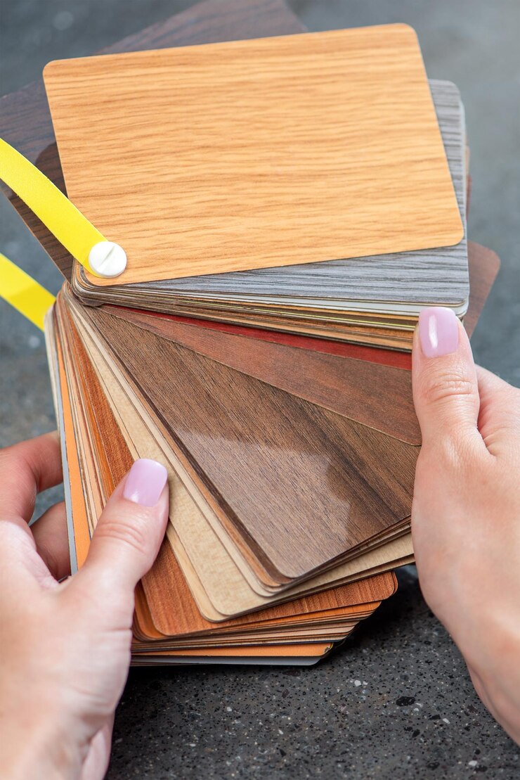 Foto amostras de laminado nas mãos do designer seleção de amostras de pisos laminados amostras do chão com imitação de madeira de diferentes espécies nas mãos close-up foto de alta qualidade