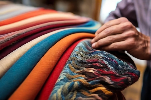 Amostras de tecidos coloridos e brilhantes de móveis e estofamentos de roupas Close-up de uma paleta de