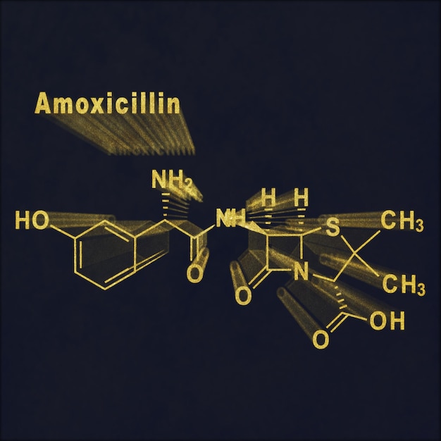 Foto amoxicilina, antibiótico, fórmula química estructural oro sobre fondo oscuro