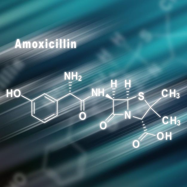 Amoxicillin, Antibiotikum, futuristischer Hintergrund der chemischen Strukturformel