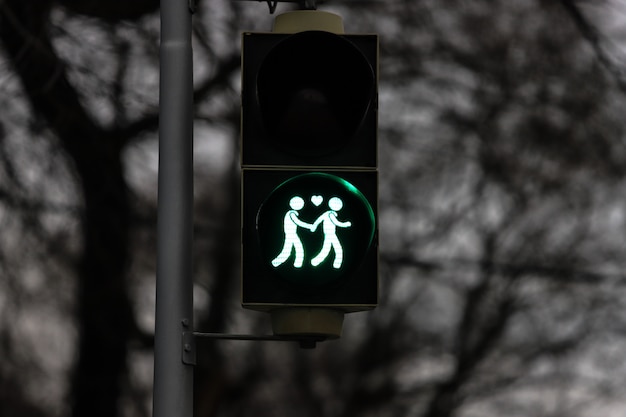 Ampel in Grün mit zwei verliebten Händchen haltenden Personen in Wien.