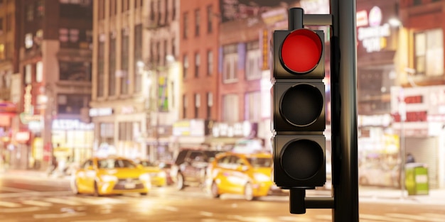 Ampel rote Ampel auf Pole Stoplight rotes Stoppsignal auf Blur City bei Nacht Hintergrund 3D-Rendering