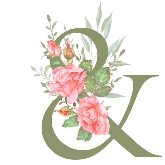 Ampersand floral com rosas cor-de-rosa e folhas verdes