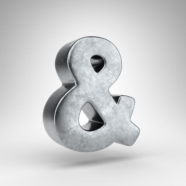 Ampersand-Symbol auf weißem Hintergrund. Gun Metal 3D gerenderten Schild mit grober Metallstruktur.