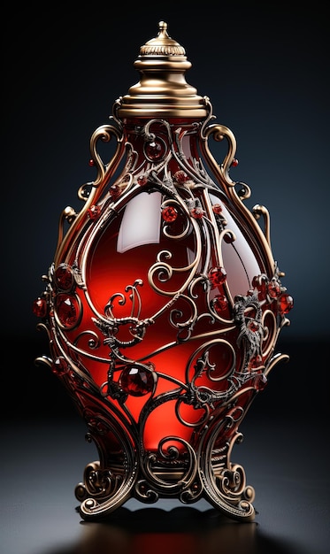 Amphore oder Flasche aus rotem Glas mit Vintage-Bronze-Design