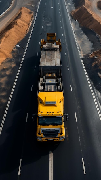 Ampla estrada de asfalto em construção auxiliada por equipamento de transporte rodoviário capturado de cima Ver