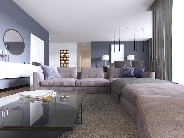 Ampla sala de estar contemporânea em um apartamento novo com um grande sofá e área para refeições. Renderização 3D.