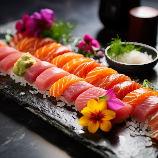 Foto ampla seleção de sushi em uma bandeja preta