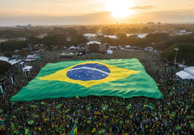 Una amplia bandera brasileña desplegada por una gran reunión que muestra la unidad y el orgullo nacionales