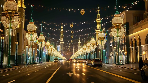 Una amplia calle de una ciudad del Medio Oriente está iluminada por luces decorativas por la noche