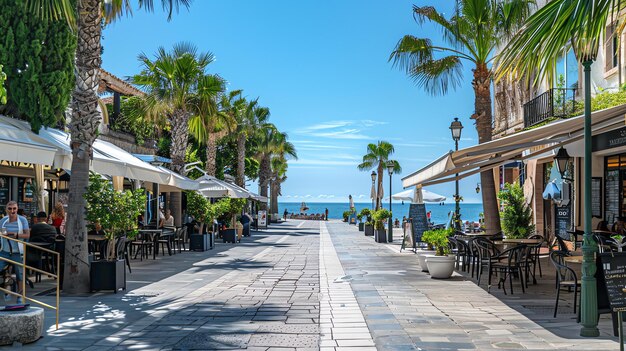 Una amplia calle peatonal con palmeras y restaurantes con asientos al aire libre a ambos lados