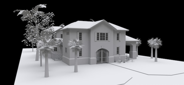 Amplia casa con jardín y piscina. Modelo 3D en blanco sobre fondo negro